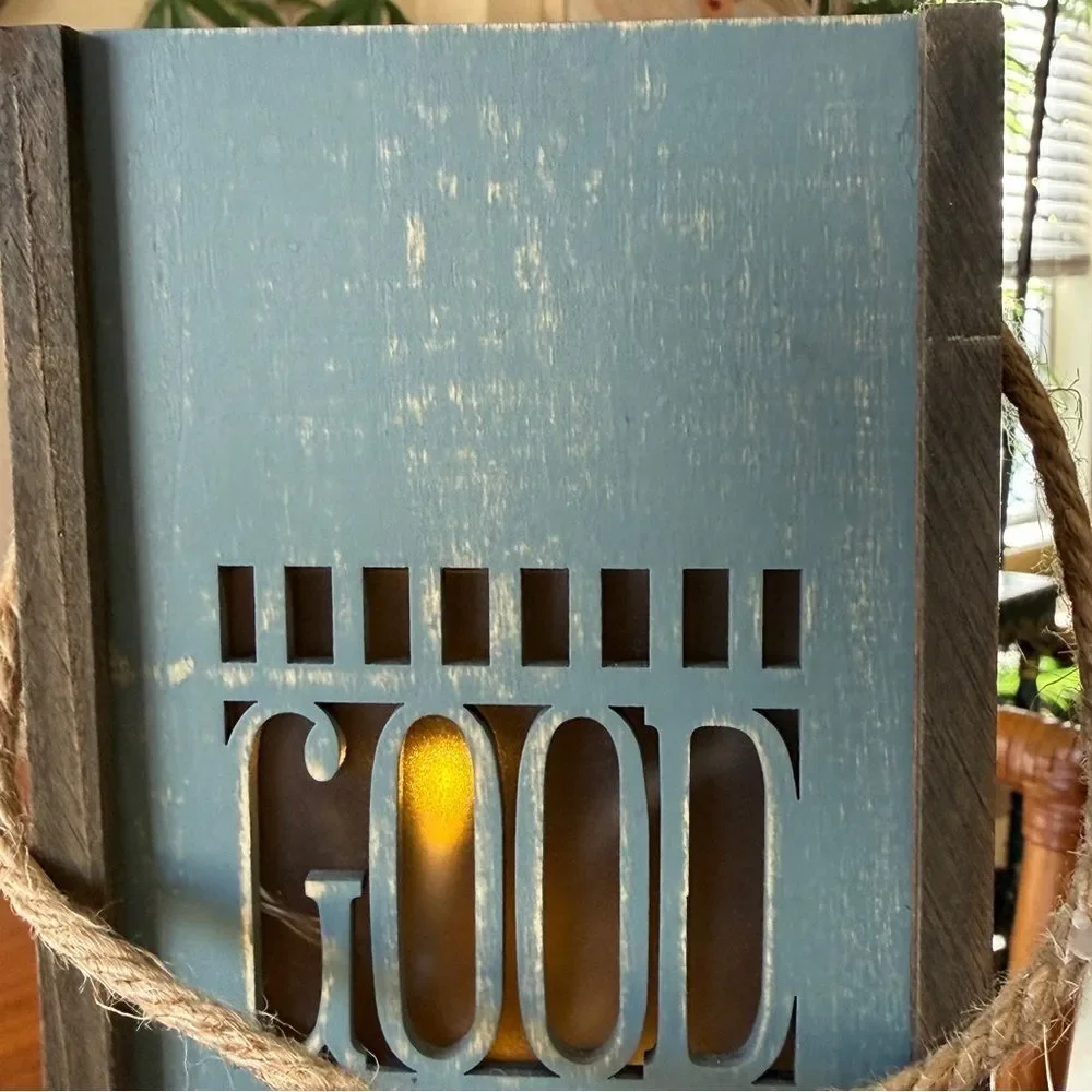 NWT Blue Brown Lighted Wine Box Rope Handle “Good Friends Good Wines Good Times“